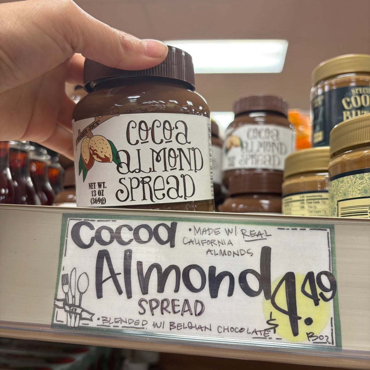 Trader Joe's Cocoa Almond Spread 13 oz No Palm Oil Made in Belgium