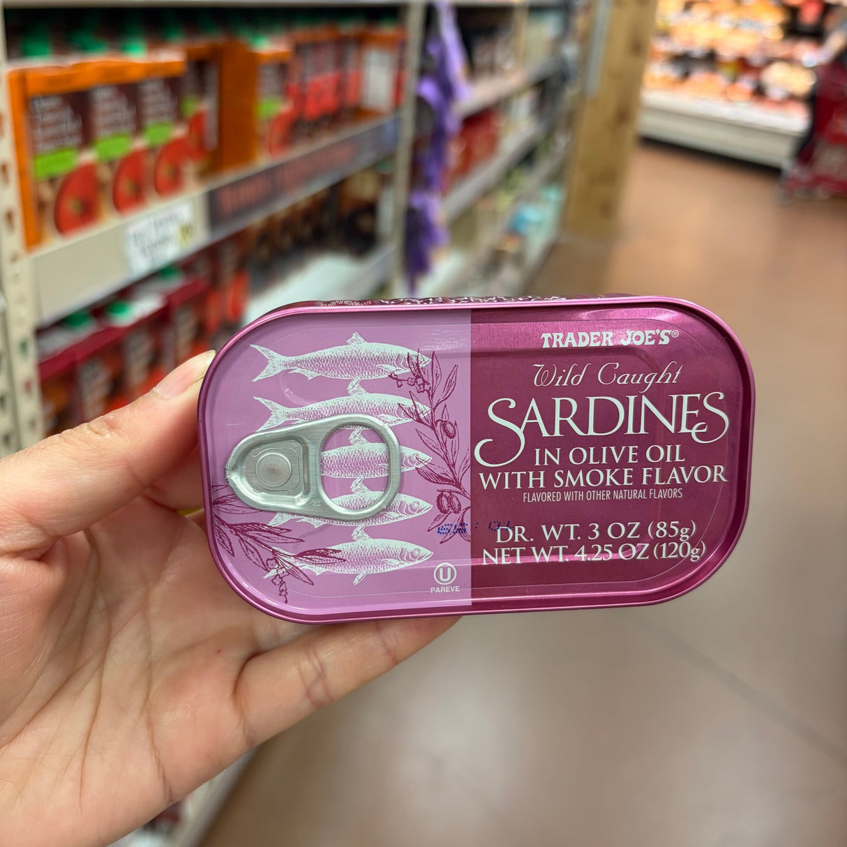 Trader Joe's Wild Caught Sardines in Olive Oil with Smoke Flavor 3 oz Drained