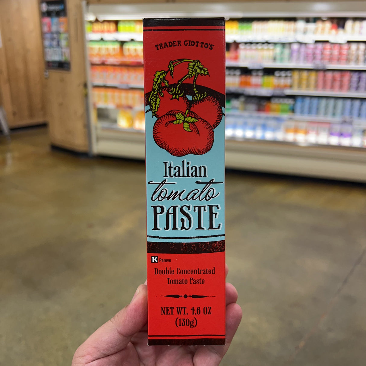 Trader Giotto's Italian Tomato Paste 4.6 oz red and teal box top angle showing full box with Trader Giotto's branding and vintage tomato illustration