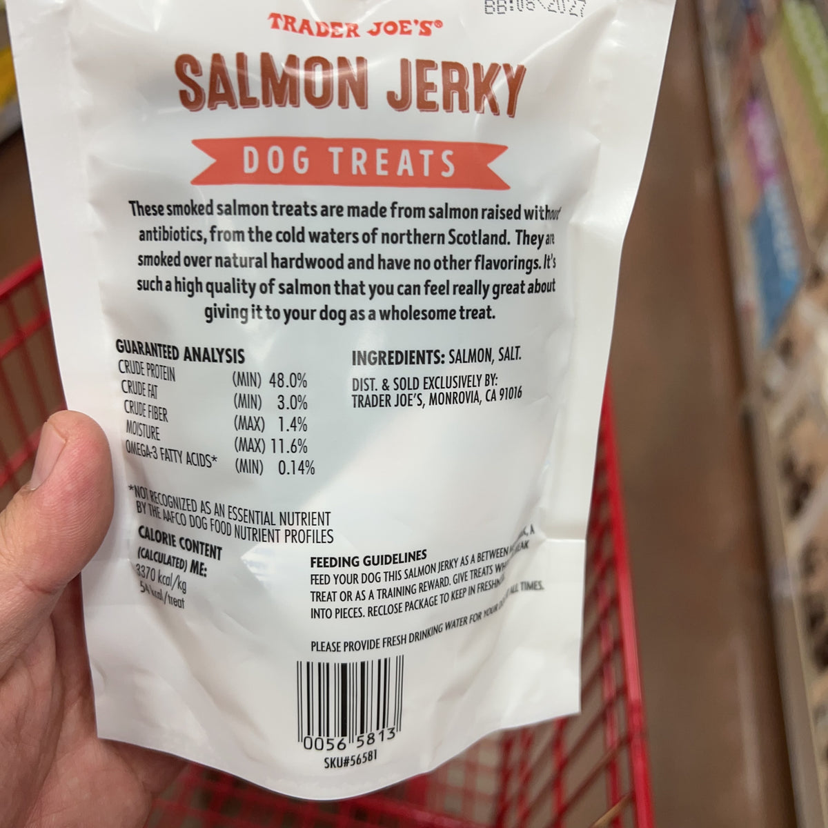 Trader Joe's Salmon Jerky Dog Treats — close-up packaging detail