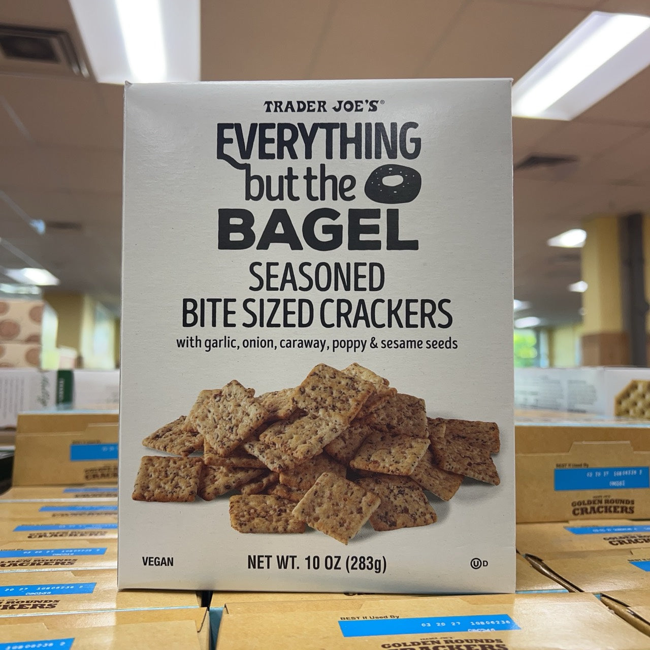 Front package of Trader Joe's Everything but the Bagel Seasoned Bite Sized Crackers 10 oz