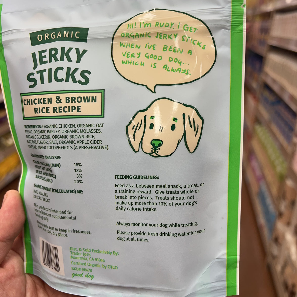 Trader Joe's Organic Chicken & Brown Rice Jerky Sticks — product label detail