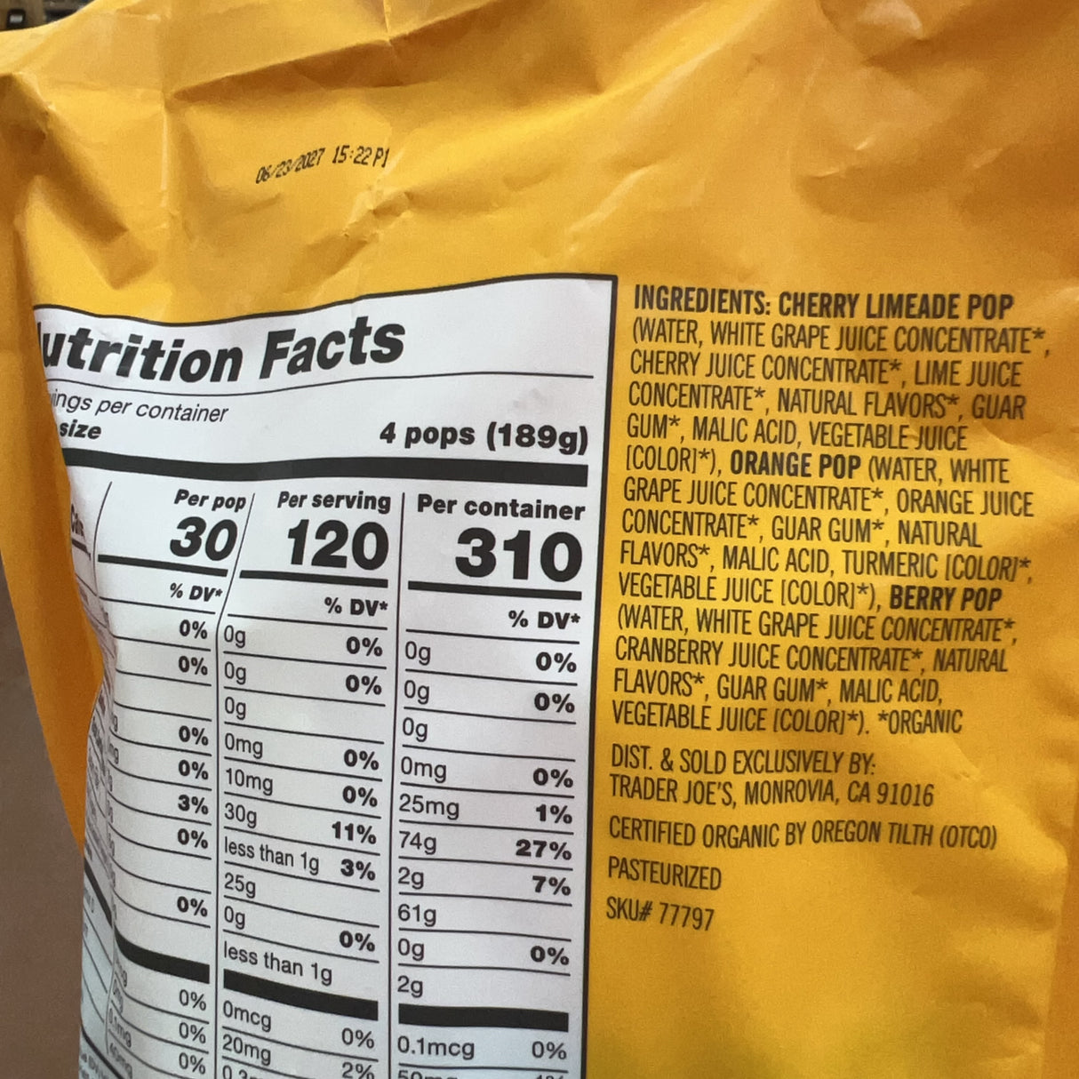 Trader Joe's Organic Freezer Pops 100% Juice — 10 Pops (Orange, Berry, Cherry Limeade)