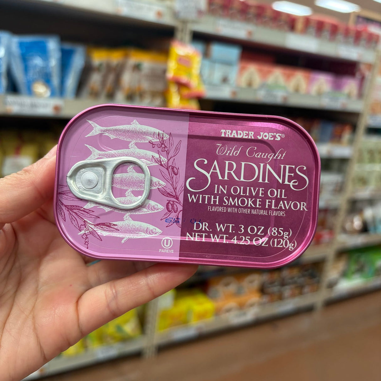 Trader Joe's Wild Caught Sardines in Olive Oil with Smoke Flavor 3 oz Drained