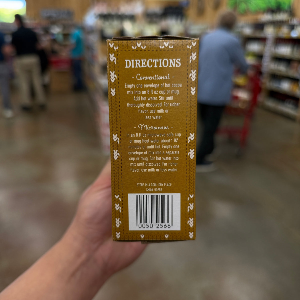 Preparation directions and barcode on the side of Trader Joe's Organic Hot Cocoa Mix box.