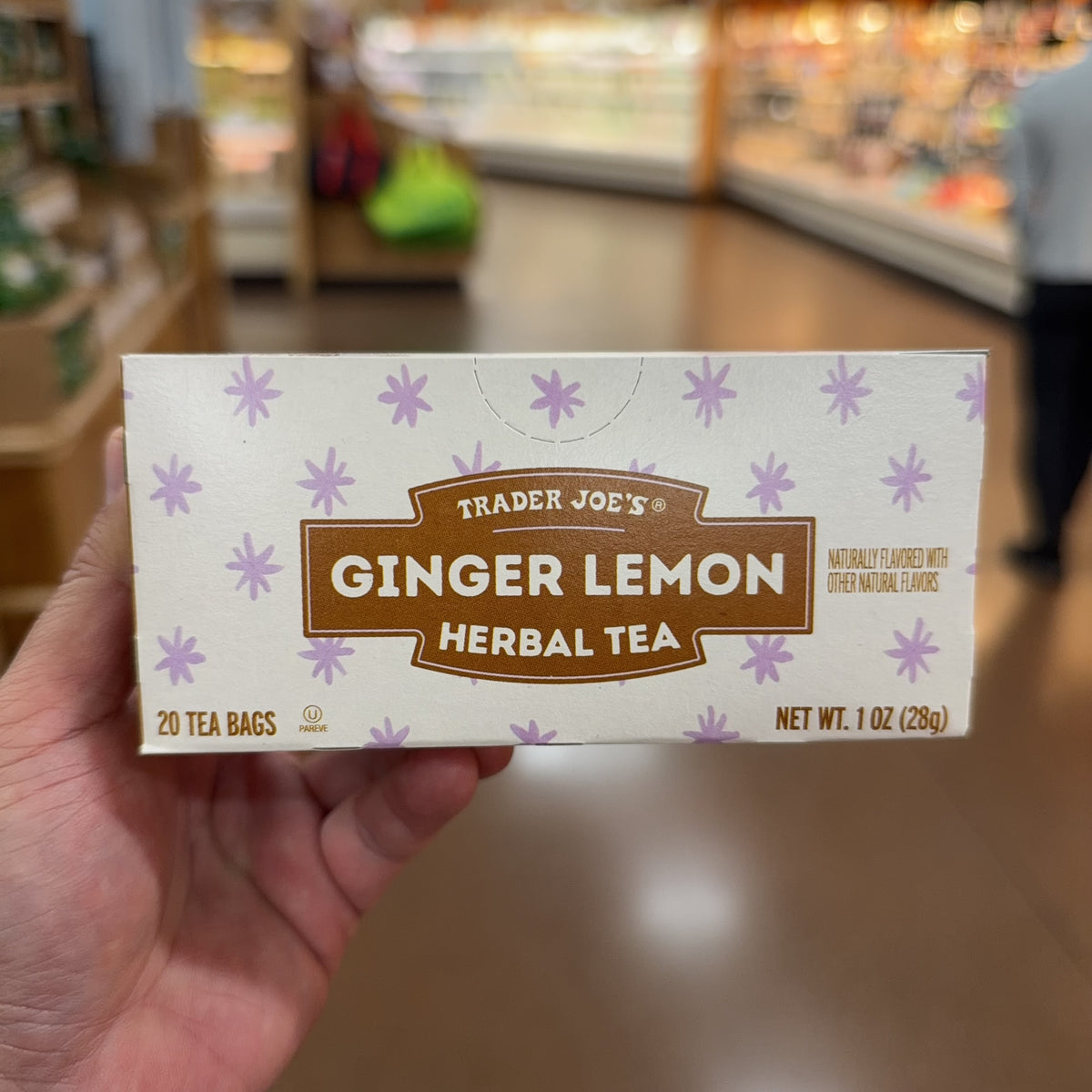 Front of Trader Joe's Ginger Lemon Herbal Tea box, 20 tea bags, 1 oz (28 g).