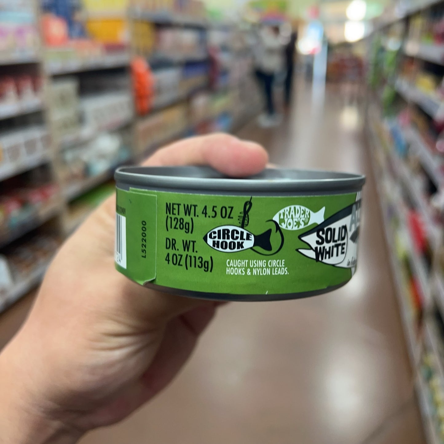 Trader Joe's Solid White Albacore Tuna circle-hook caught packaging detail