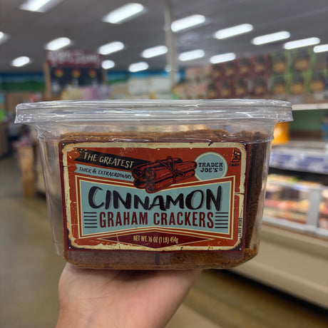 Trader Joe's Cinnamon Graham Crackers 16 oz tub with cinnamon-sugar topped crackers visible
