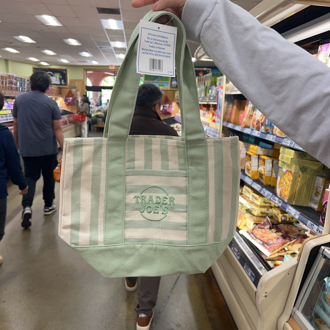 Trader Joe's Mini Pastel Striped Canvas Tote Bag Sage Green Summer 2026 — limited edition, available online
