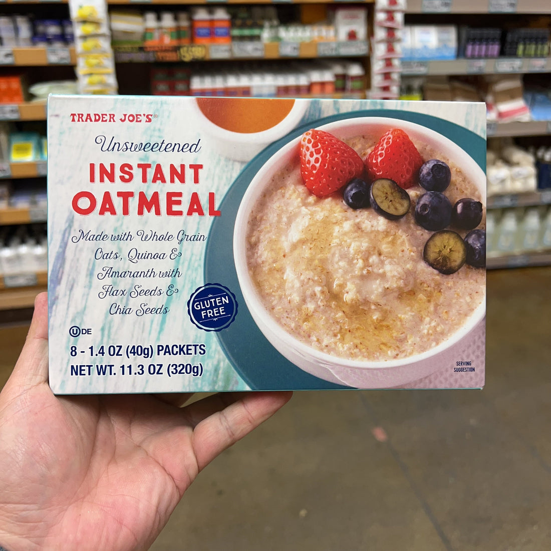 Trader Joe's Unsweetened Gluten Free Instant Oatmeal with Quinoa, Amaranth, Flax and Chia — available online at HIOOL with nationwide US delivery
