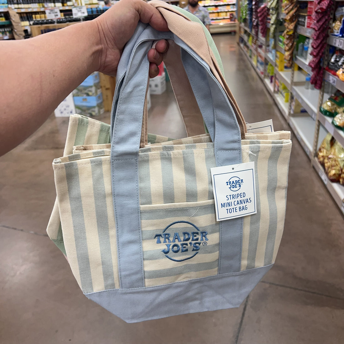 Trader Joe's Mini Pastel Striped Canvas Tote Bag (Sky Blue)