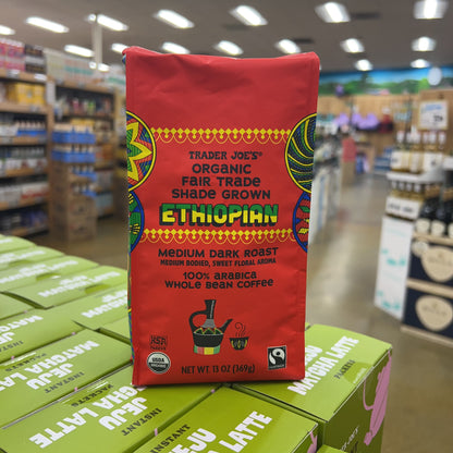 Trader Joe's Organic Fair Trade Shade Grown Ethiopian Coffee Medium Dark Roast 100% Arabica Whole Bean 13 oz