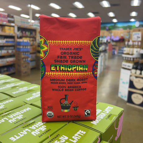 Trader Joe's Organic Fair Trade Shade Grown Ethiopian Coffee Medium Dark Roast 100% Arabica Whole Bean 13 oz
