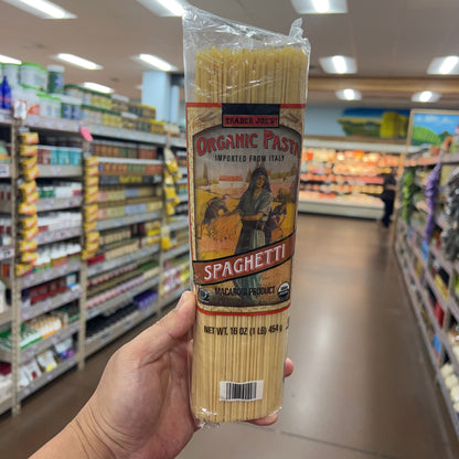 Trader Joe's Organic Pasta Spaghetti back label close-up — barcode, SKU, cooking instructions, store in cool dry place