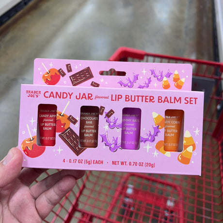 Trader Joe's Candy Jar Flavored Lip Butter Balm Set — close-up packaging detail