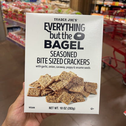 Trader Joe's Everything but the Bagel Seasoned Bite Sized Crackers 10 oz front package