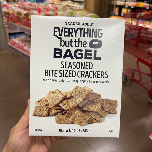 Trader Joe's Everything but the Bagel Seasoned Bite Sized Crackers 10 oz front package