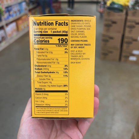 Trader Joe's Pecan Pumpkin Instant Oatmeal 8 Packets 12.6 oz – package detail view 3