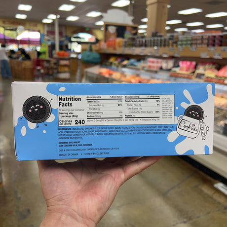Trader Joe's Chocolate Vanilla Creme Sandwich Cookies — close-up packaging detail