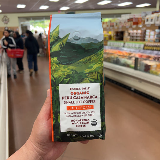 Trader Joe's Organic Peru Cajamarca Small Lot Coffee Light Roast • 100% Arabica Whole Bean Coffee • USDA Organic • Net Wt. 12 oz (340g)