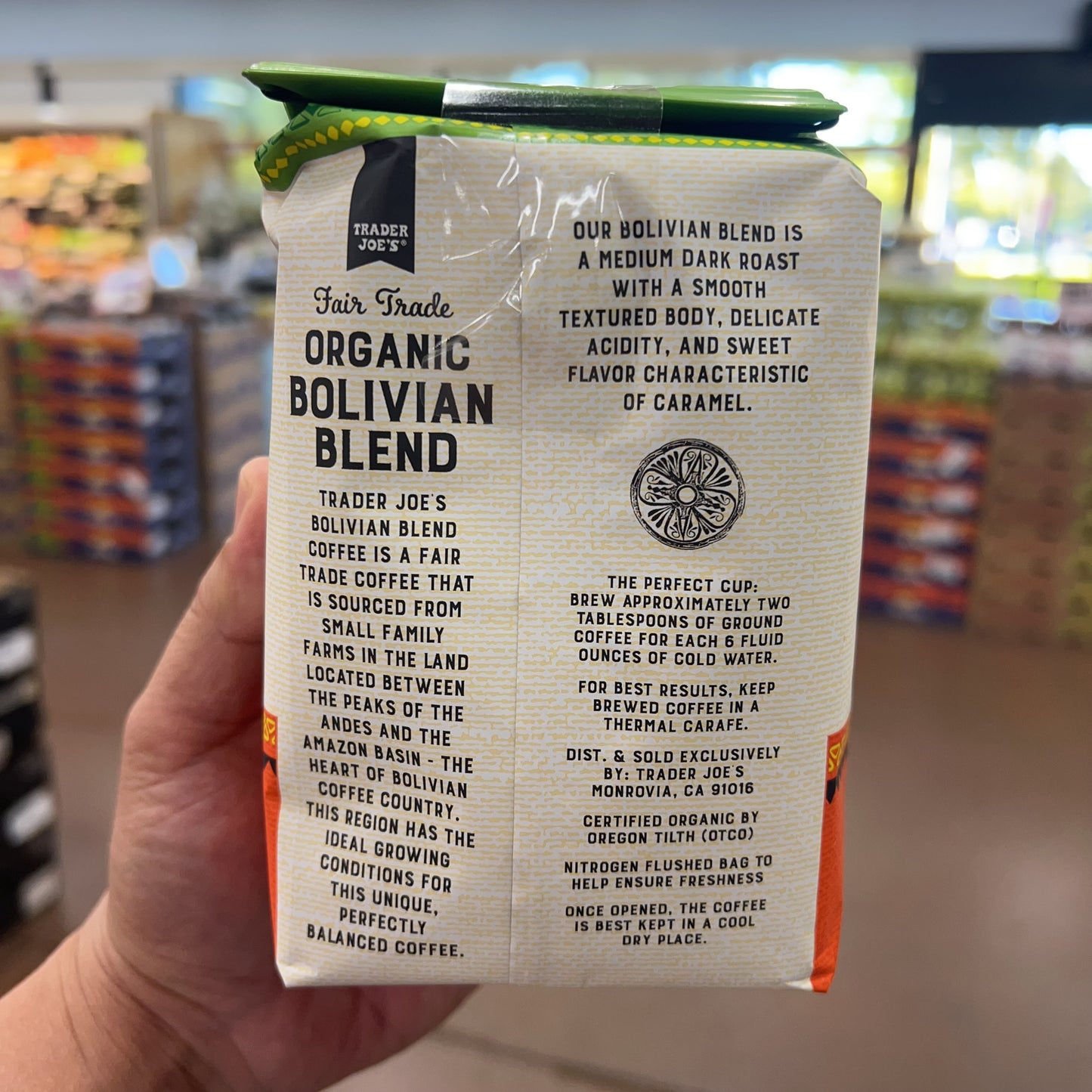 Trader Joe's Fair Trade Organic Bolivian Blend Medium Dark Roast Whole Bean Coffee