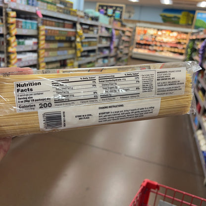 Trader Joe's Organic Pasta Spaghetti back panel — nutrition facts, ingredients, SKU 8011-85759, barcode 00780117