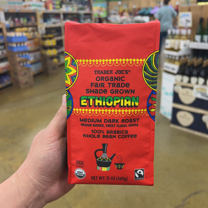 Trader Joe's Organic Fair Trade Shade Grown Ethiopian Coffee Medium Dark Roast 100% Arabica Whole Bean 13 oz
