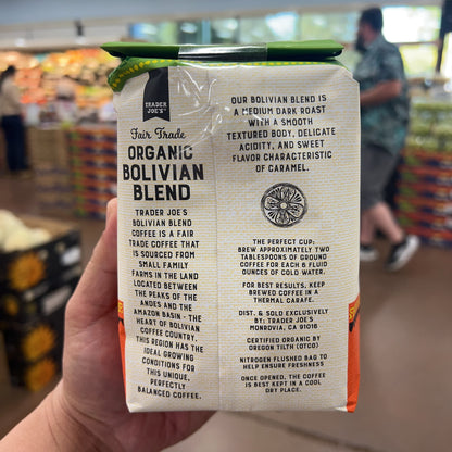 Trader Joe's Fair Trade Organic Bolivian Blend Medium Dark Roast Whole Bean Coffee