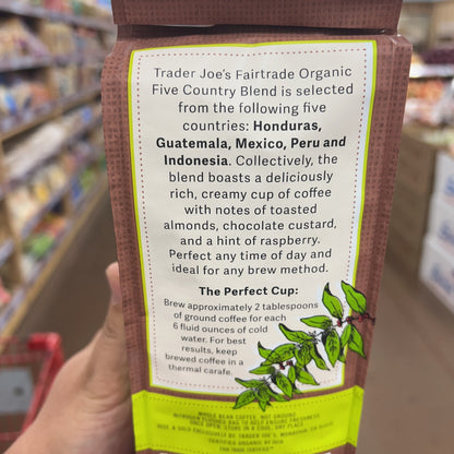 Trader Joe's Fairtrade Organic Five Country Blend Dark Roast Whole Bean Coffee