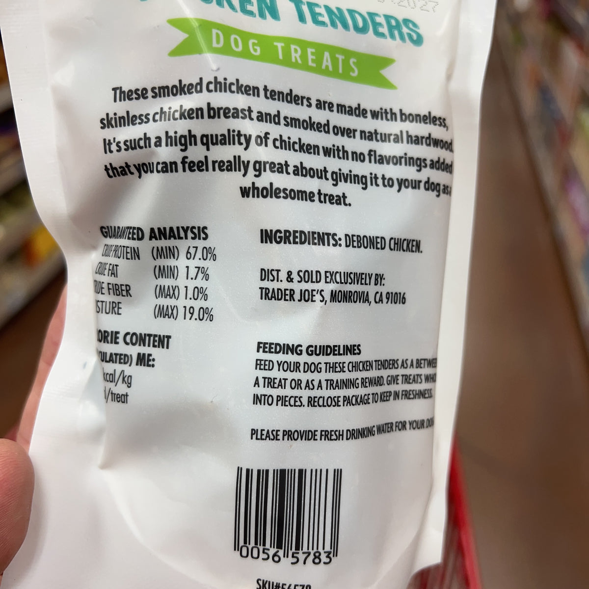 Trader Joe's Smoked Chicken Tenders Dog Treats — product label detail