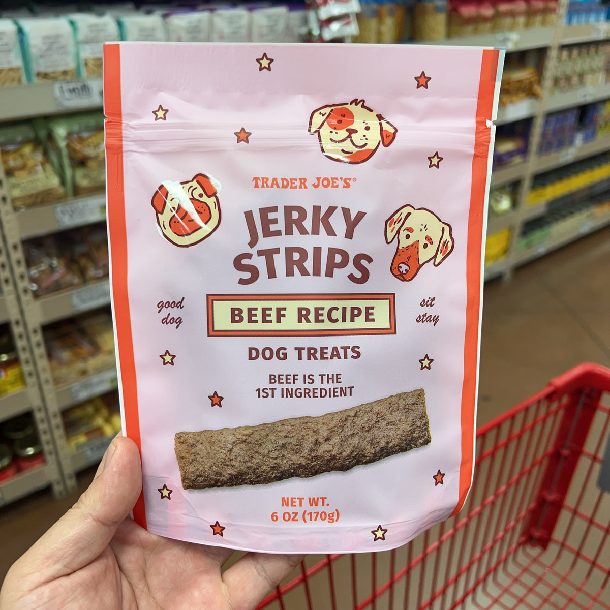 Trader Joe's Beef Jerky Strips Dog Treats — close-up packaging detail
