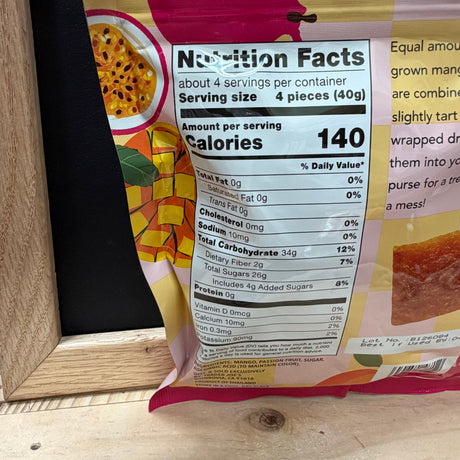 Trader Joe's Mango & Passion Fruit Squares front packaging — 17 individually wrapped pieces, 5.5 oz