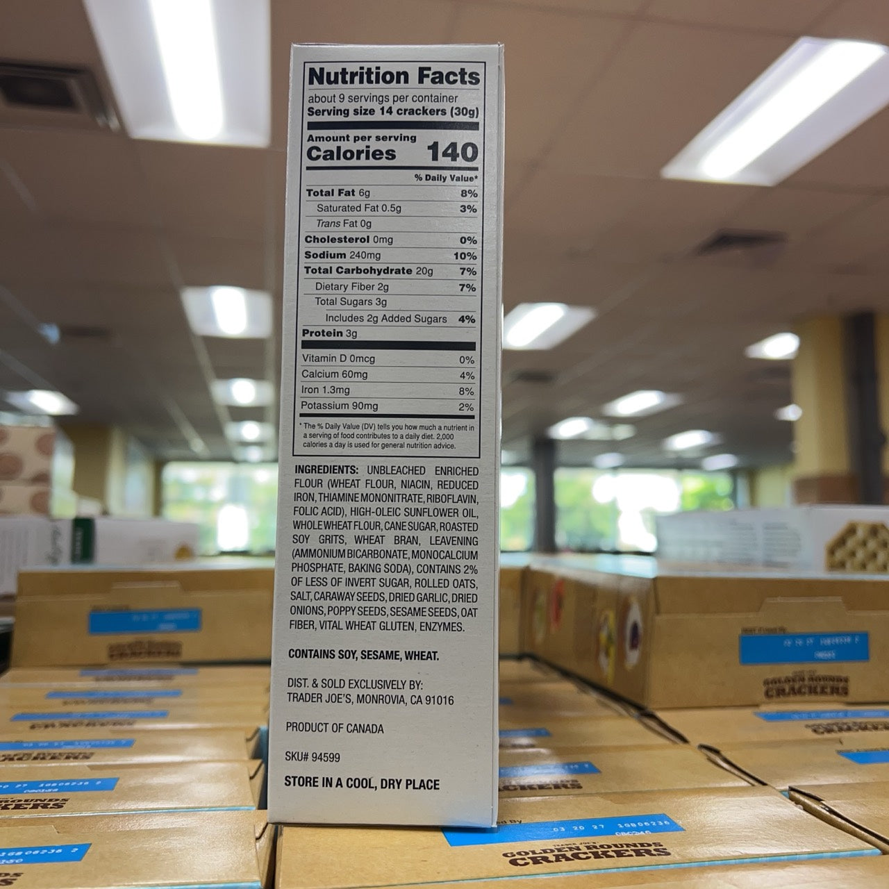 Nutrition facts, ingredients, allergens, origin and storage panel for Trader Joe's Everything but the Bagel Seasoned Bite Sized Crackers