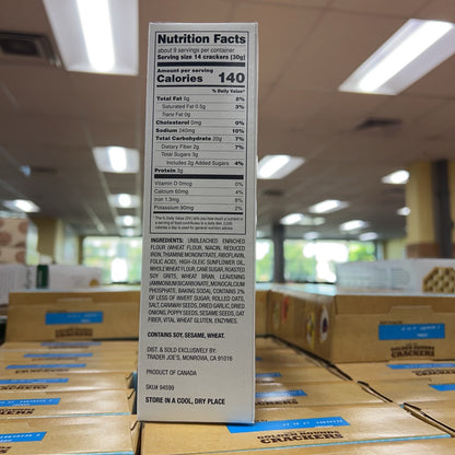 Nutrition facts, ingredients, allergens, origin and storage panel for Trader Joe's Everything but the Bagel Seasoned Bite Sized Crackers