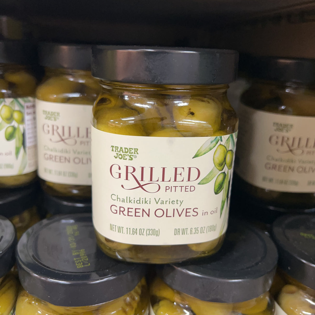 Trader Joe's Grilled Pitted Chalkidiki Green Olives in Oil 11.64 oz