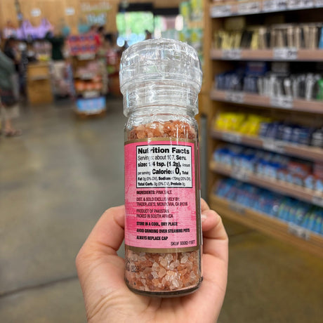 Trader Joe's Pink Salt Crystals with Grinder — single ingredient label, no additives, no iodine