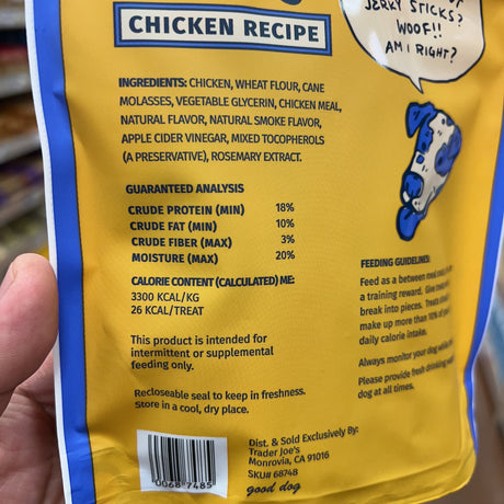 Trader Joe's Chicken Jerky Sticks Dog Treats — package information view