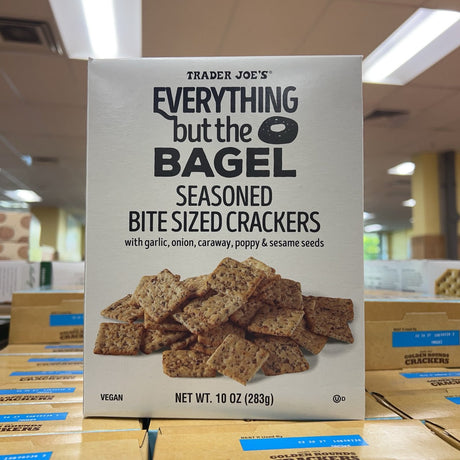 Front package of Trader Joe's Everything but the Bagel Seasoned Bite Sized Crackers 10 oz