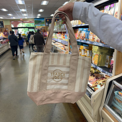 Trader Joe's Mini Pastel Striped Canvas Tote Bag Neutral Beige — Summer 2026 collection, delivered nationwide via HIOOL GOODS