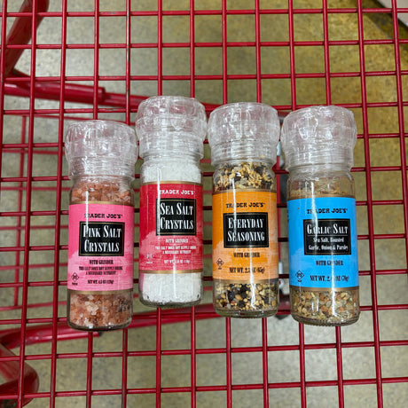 Trader Joe's Pink Salt Crystals with Grinder 4.5 oz — packaging side view and grinder detail