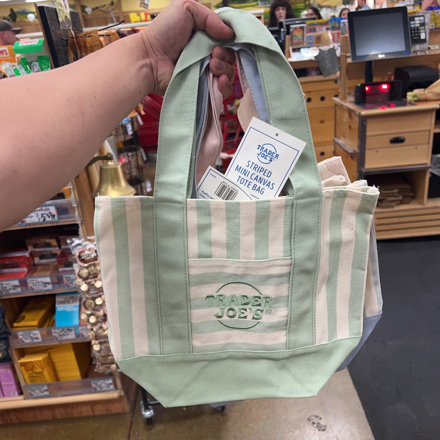 Trader Joe's Mini Pastel Striped Canvas Tote Bag (Sage Green)