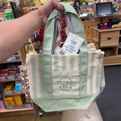 Trader Joe's Mini Pastel Striped Canvas Tote Bag Sage Green — Trader Joe's logo embroidery and front slip pocket detail