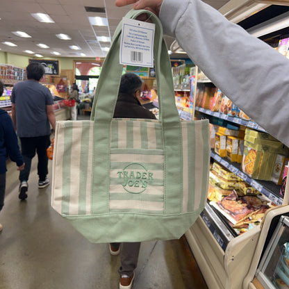 Trader Joe's Mini Pastel Striped Canvas Tote Bag Sage Green — limited edition reusable bag, available online