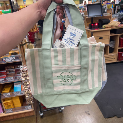 Trader Joe's Mini Pastel Striped Canvas Tote Bag Sage Green — side view showing pastel stripes, order Trader Joe's online