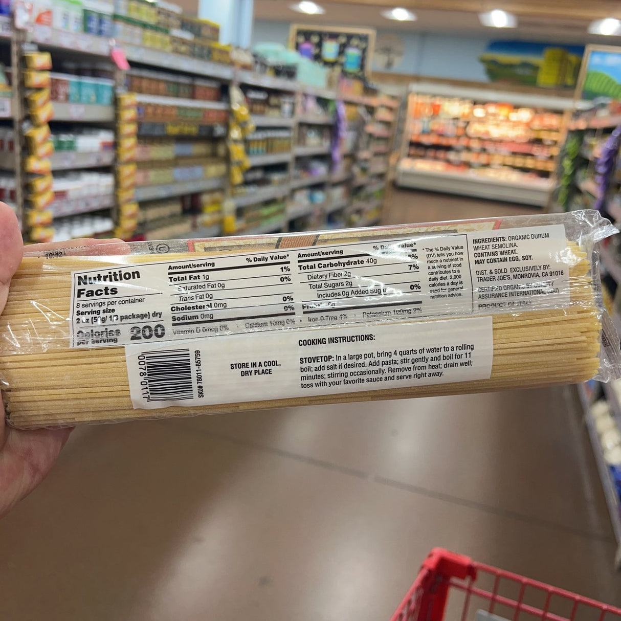 Trader Joe's Organic Pasta Spaghetti package front — full label with net wt 16 oz (1 LB) 454 g