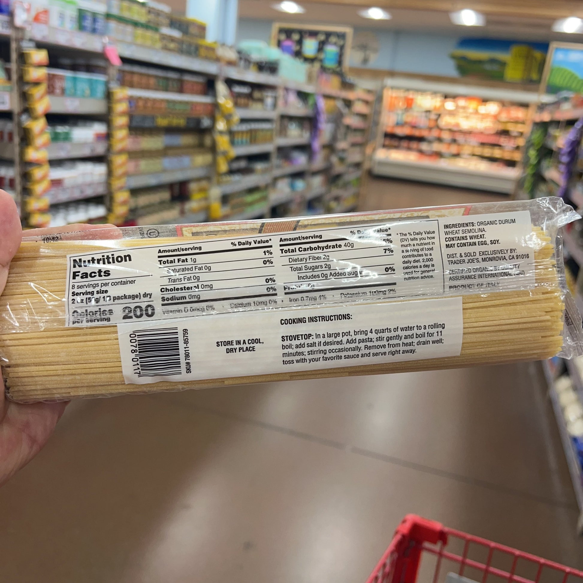 Trader Joe's Organic Pasta Spaghetti package front — full label with net wt 16 oz (1 LB) 454 g