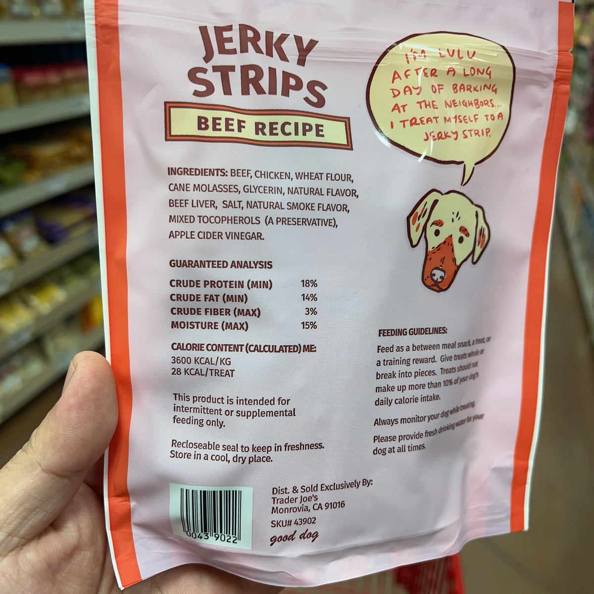 Trader Joe's Beef Jerky Strips Dog Treats — package information view