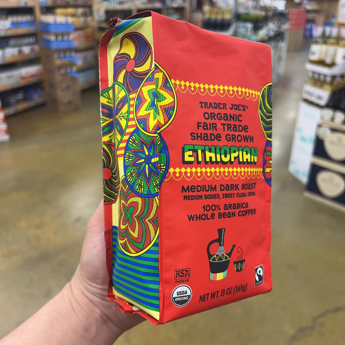 Trader Joe's Organic Fair Trade Shade Grown Ethiopian Coffee Medium Dark Roast 100% Arabica Whole Bean 13 oz