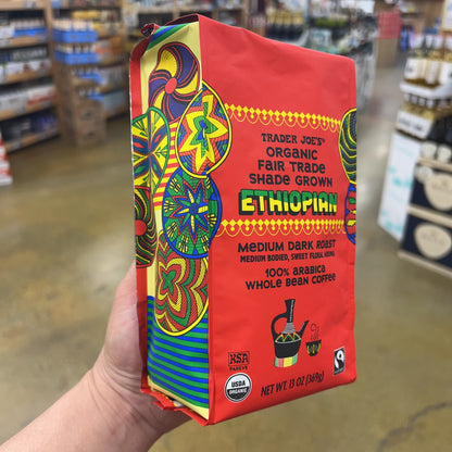 Trader Joe's Organic Fair Trade Shade Grown Ethiopian Coffee Medium Dark Roast 100% Arabica Whole Bean 13 oz