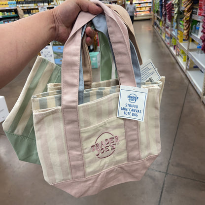 rader Joe's Mini Pastel Striped Canvas Tote Bag Pastel Pink — side view showing stripes, order Trader Joe's online